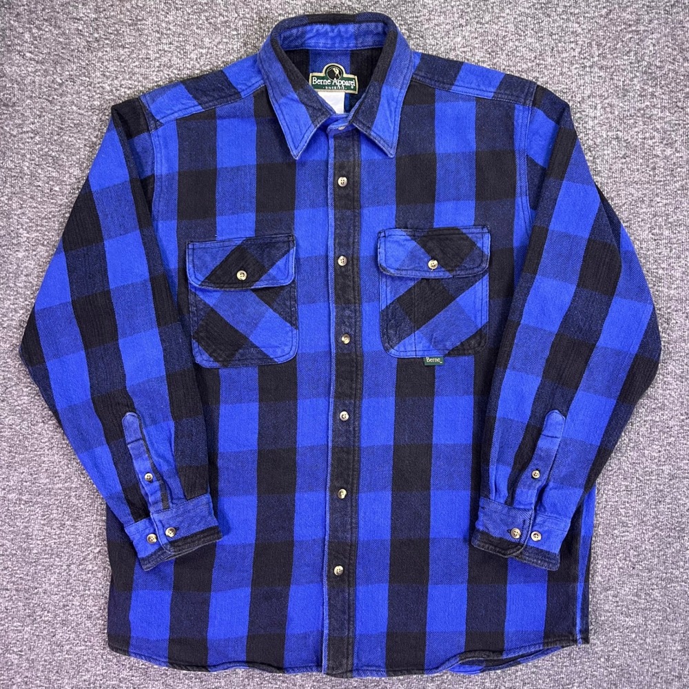 VTG Berne Heavyweight Flannel Shirt Mens XL Blue Black Buffalo Plaid Workwear